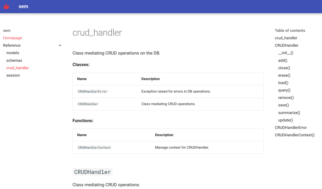 Screenshot of the mkdocs-generated documentation for the 'crud_handler' module.