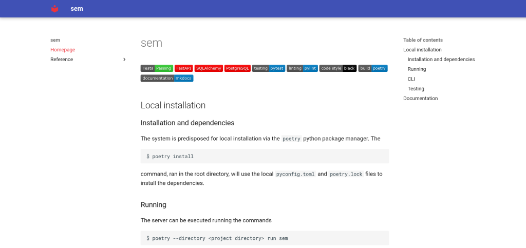 Screenshot of the mkdocs-generated documentation main page.
